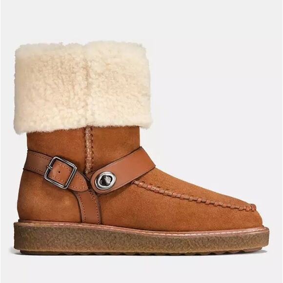 COACH Moto Shearling Turnlock Harness Brown Suede Winter Boot Size 7 - Picture 1 of 12